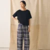 Barrel Leg Check Linen Cotton Pants| Blue/Soya
