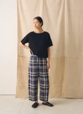 Barrel Leg Check Linen Cotton Pants| Blue/Soya