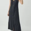 V Neck Cotton Linen Poplin Dress