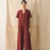 V Neck Garment Dyed Linen Jumpsuit